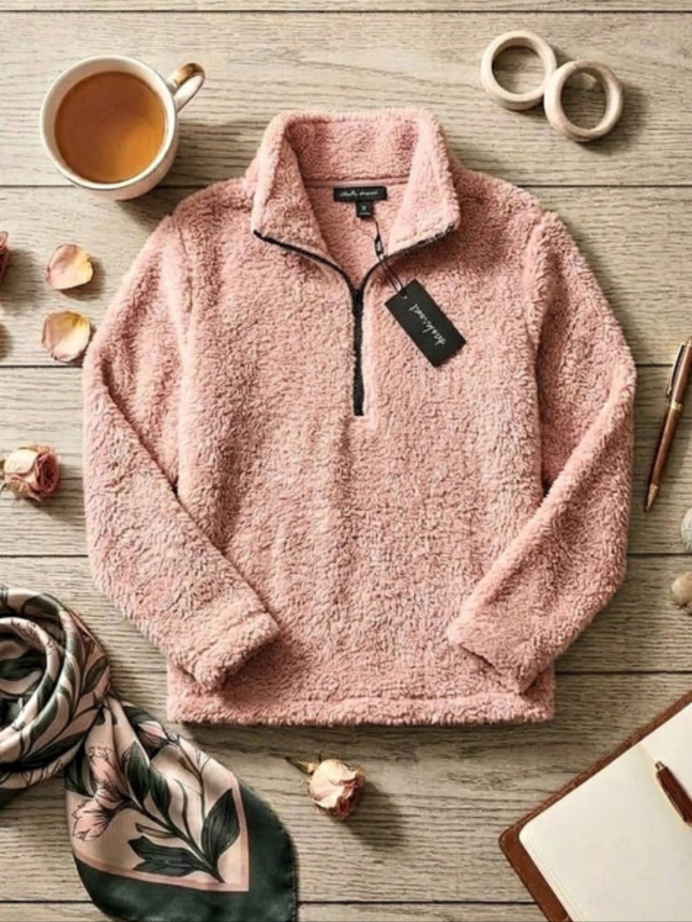 Derek Heart Pink Half-Zip Teddy Fleece Jacket NWT Large